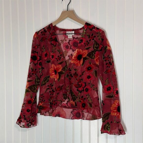David Warren Tops - Vintage‎ David Warren NY Burnout Floral Mesh Blouse Red Sheer Ruffle Sleeve Sz 6